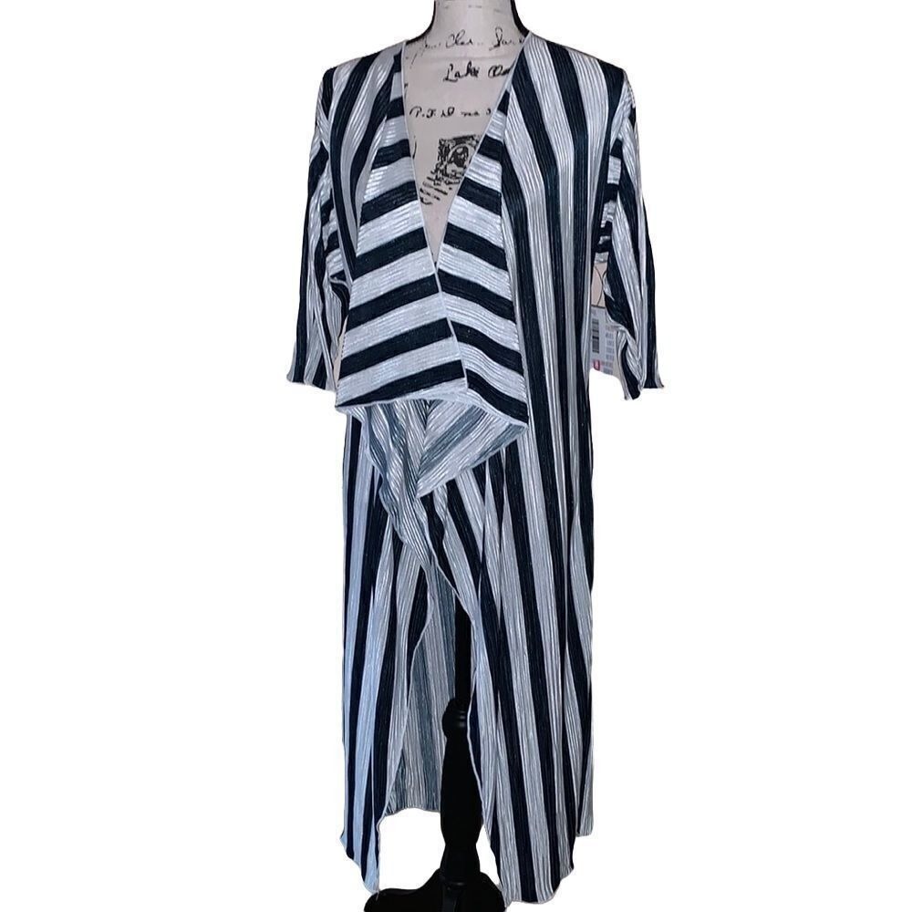 LuLaRoe Shirley Kimono‎ Cardigan Small Silver Black Striped Pleated Angel Sleeve